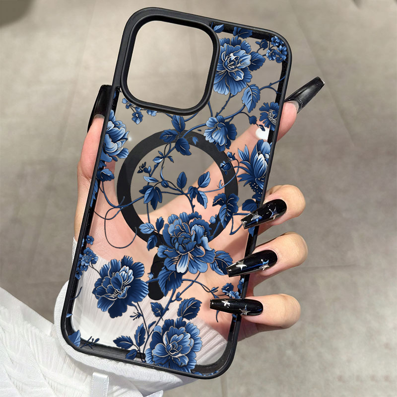 Phone Cases Iphone 17 Pro - Luxuriöse Vintage Blaue Blumenmuster Magnetische Handyhülle
