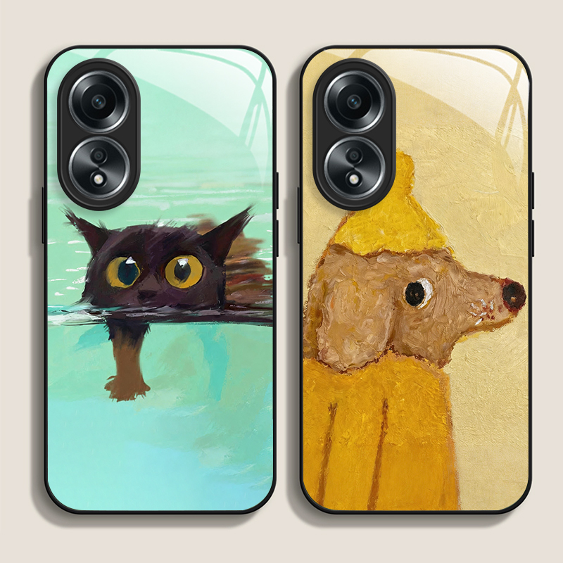 Phone Cases Oppo - Ölgemälde Gelber Hund Schwarze Katze Gehärtetes