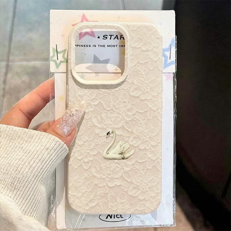 Phone Cases Iphone 17 Pro - Spitzenmuster Schwan Lychee Textur Handyhülle für