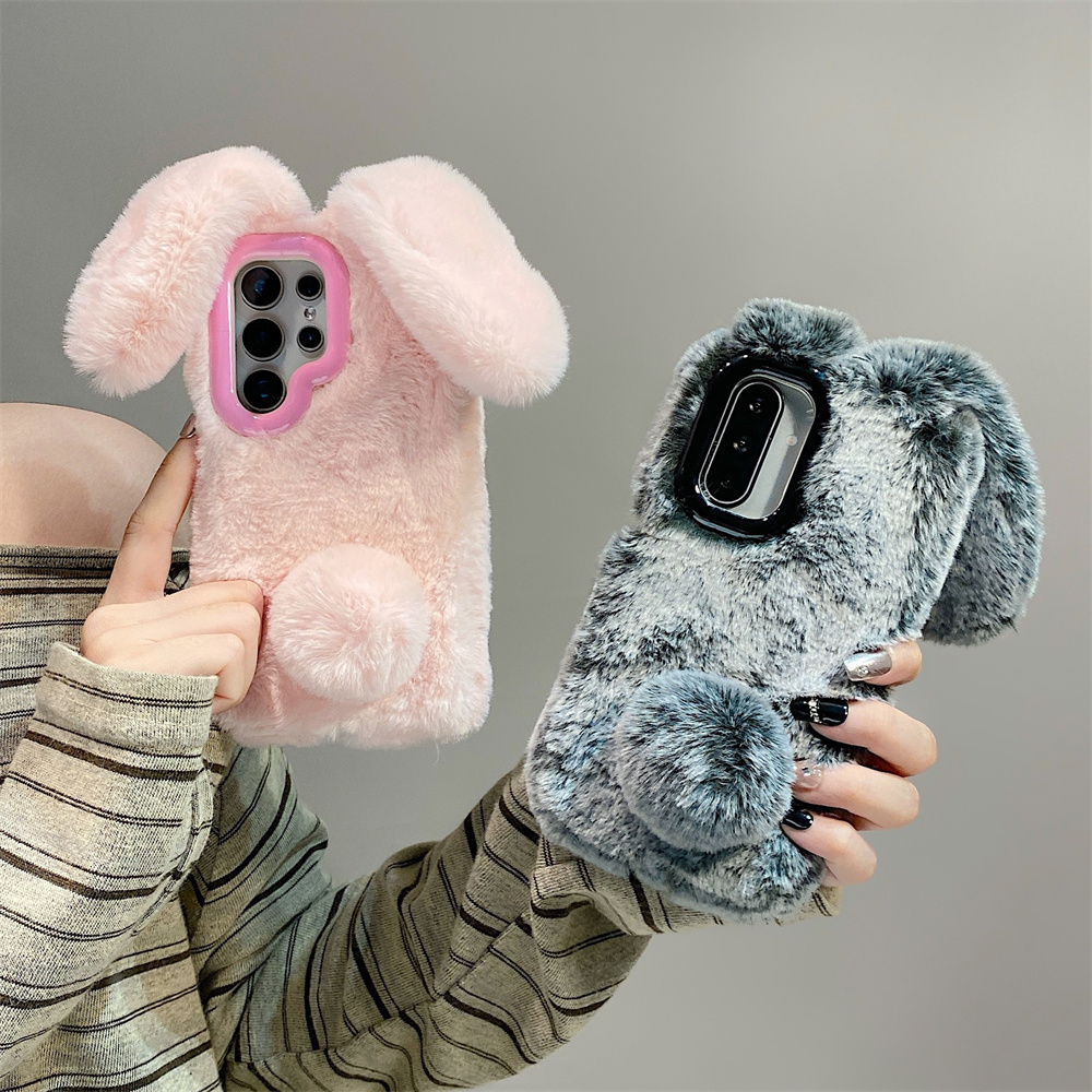 Phone Cases Galaxy S25 - Niedliche Hasenohren-Handyhülle mit flauschigem Ständer für